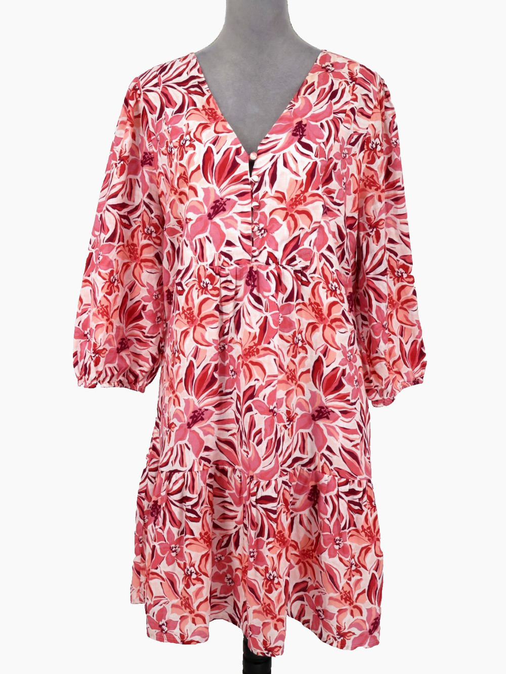 Garnet Hill Dress Plus Size 18 Pink White Floral Linen Shift Tiered Pockets
